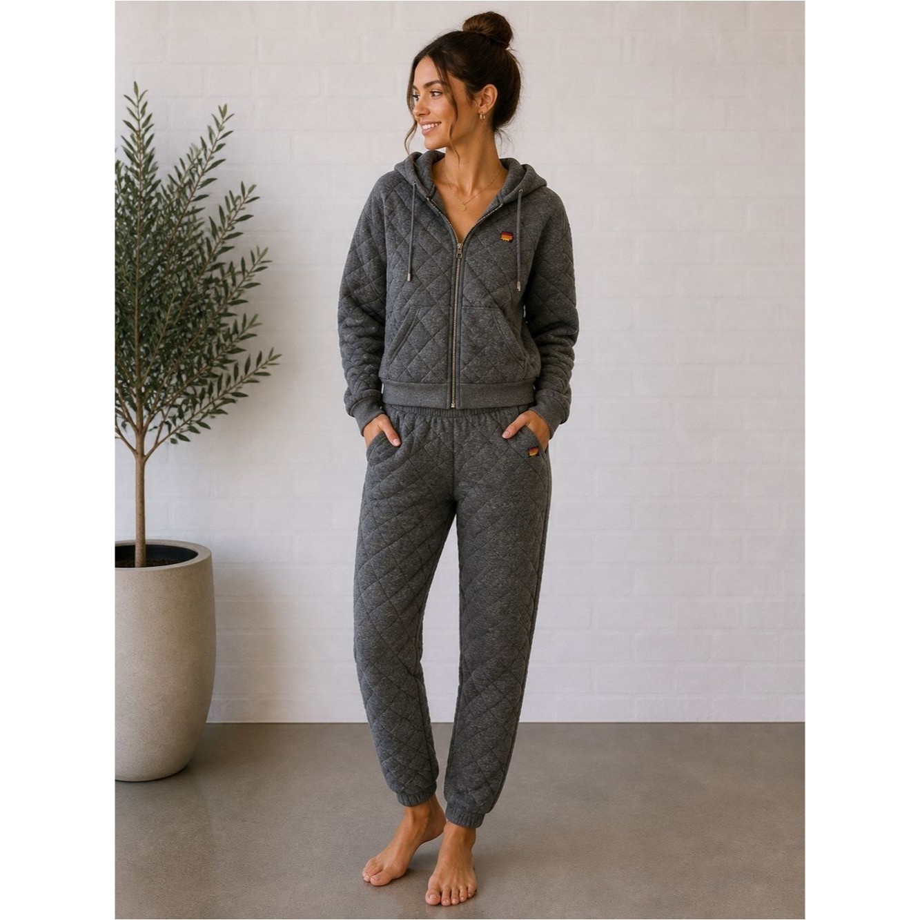 Aviator Nation Quilted Zip Hoodie Heather Grey Set